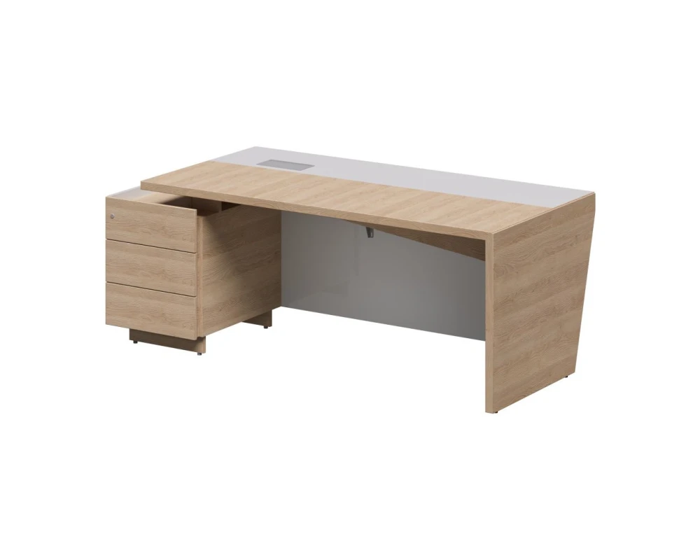 Стол рабочий с тумбой, блок розеток, левый 200,5х90х76 Plaza Director Дуб песочный/Белый глянец